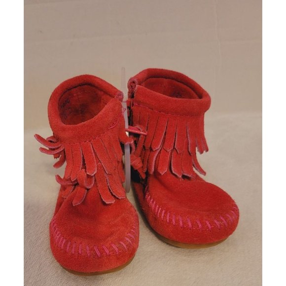 Minnetonka Pink Double Fringe Side Zip Boot Size 4 - Picture 10 of 10